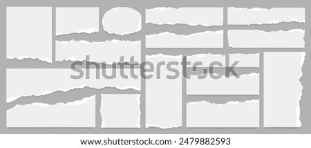 Set of white torn or ripped paper strip, sticky note and damaged newspaper cutout for social media. Ripped business banner. Torn scrap note with paint brush stroke texture. Vector ornament decoration.