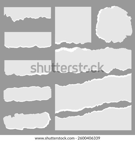 Set of white torn and ripped paper sheets, perfect for adding a distressed, vintage, or grunge effect to your designs. Ideal for backgrounds, overlays, or creative projects requiring a textured.