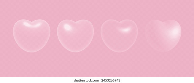 Set of white transparent heart bubbles. Vector design template. White glass love symbols isolated on pink background