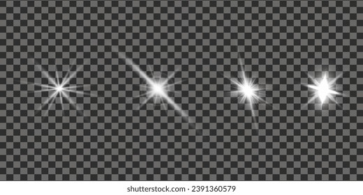 Set of white transparent light effects with glow isolated, glare, explosion, sparkle, line, sun flare, spark and stars. Abstract design of special effects elements.