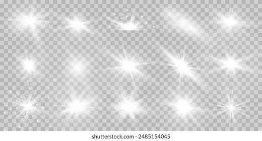 Set of white transparent light effects with glow isolation, glare, explosion, shine, line, sun flare, sparkle and stars. Abstract design of special effects elements. Ray of shine with lightning