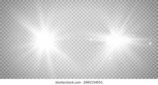 Set von weißen transparenten Lichteffekten mit Glow-Isolation, Blendung, Explosion, Glanz, Linie, Sonnenflare, Funkeln und Sternen. Abstraktes Design von Spezialeffekt-Elementen. Strahl des Glanzes mit Blitz