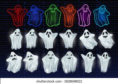 Set white transparent and neon ghost vector illustration. Ghosts isolated on dark background. The concept of halloween, monster, spirit. Creatures from another world. Vector illustration