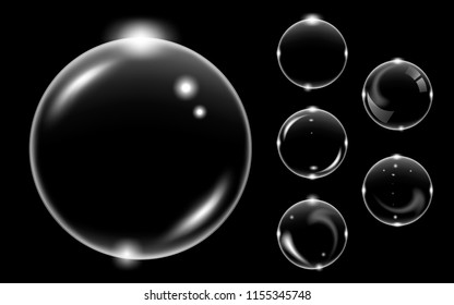 Set of white transparent soap air bubble, isolated on black background, vector illustration