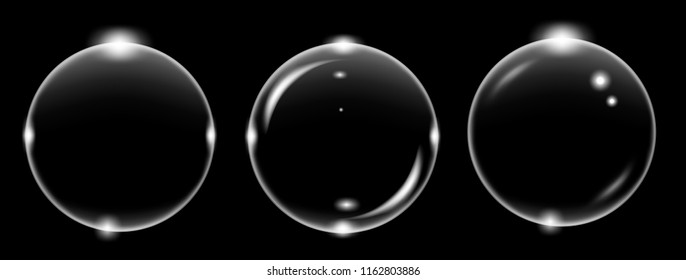 Set of white transparent soap air bubble, isolated on black background, vector illustration