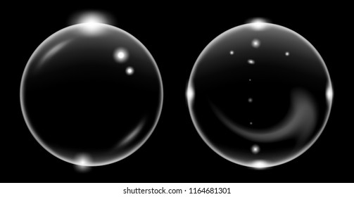 Set of white transparent soap air bubble, isolated on black background, vector illustration