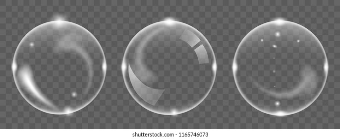 Set of white transparent soap air bubble, isolated on black background, vector illustration