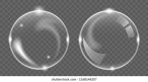 Set of white transparent soap air bubble, isolated on black background, vector illustration