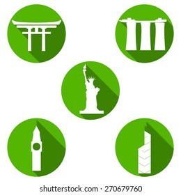 Set of white travel icons made in vector. Modern flat symbols of famous sightseeings including Big Ben, Statue of Liberty, Marina Bay Sands, Japan Arch and Bank of China Tower