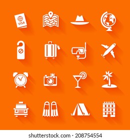 Set of white travel icons. Vector travel icons in flat simple style. 