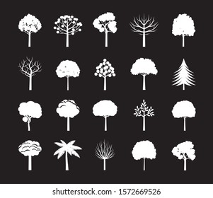 Set of white Trees Icon on black background. Vector Illustration. Collection of icons.