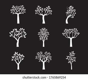 Set white Trees with Leaves on black background. Vector outline Illustration. EPS file. EPS file.