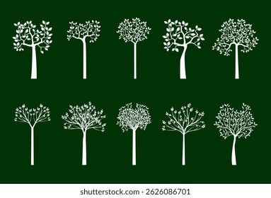 Legen Sie weiße Bäume auf grünem Hintergrund. Vektorgrafik mit Umriss. Pflanze und Garten.