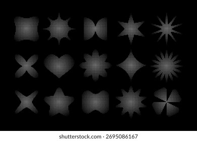 Set of white trendy y2k shapes with halftone or grain texture isolated on black background. Dotted abstract star, flower and heart forms with pixel effect. Vector graphic illustration.