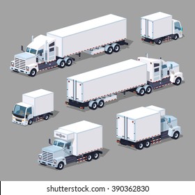 Set of the white trucks. 3D lowpoly isometric vector illustration. The set of objects isolated against the grey background and shown from two sides