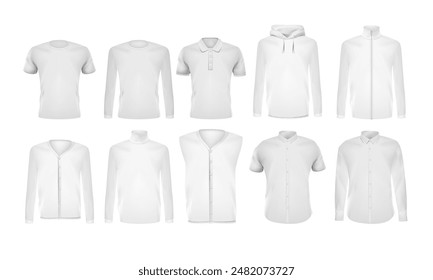 A set of white t-shirts and various sweaters. Vector illustration