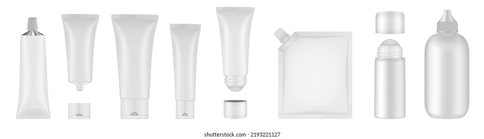 Set of white tubes and bottles. Roller ball tube. Body antiperspirant deodorant roll-on, open and closed blank tubes with screw cap. Realistic mockup. Eye Cream Roll Ball. Applicator. Spouted pouch svg