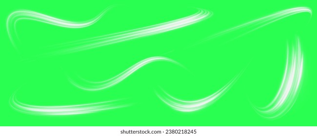 Set of white twisted lines in the form of a spiral, arc and swirl on a green background, chromakey. White shiny sparks of spiral wave.	