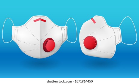 Set of white two medical masks at different angles isolated on a blue background. Corona virus protection mask with ear loop. Vector illustration