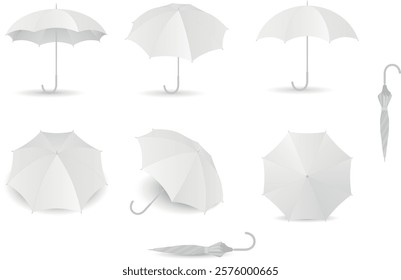 Set of white umbrellas in various positions. Open and folded umbrella.