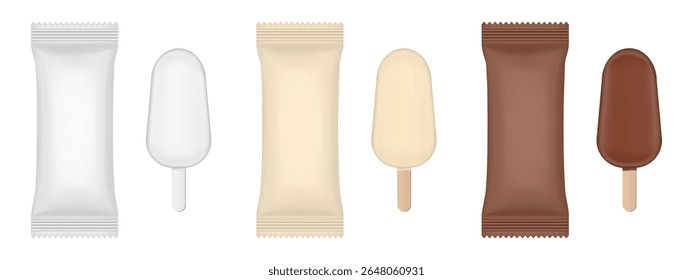Set of white, vanilla cream and chocolate brown flow packs. Popsicle ice cream wrapper. Foil bag. Realistic vector mockup	