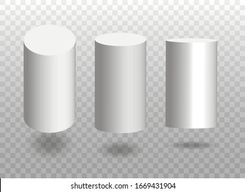 Set of white vector 3d cylinders. Cylinder icons in a perspective. Geometric blocks with shadow. Vector illustration isolated on transparent background.