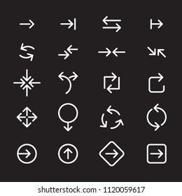 Set of white vector arrows on black background. 