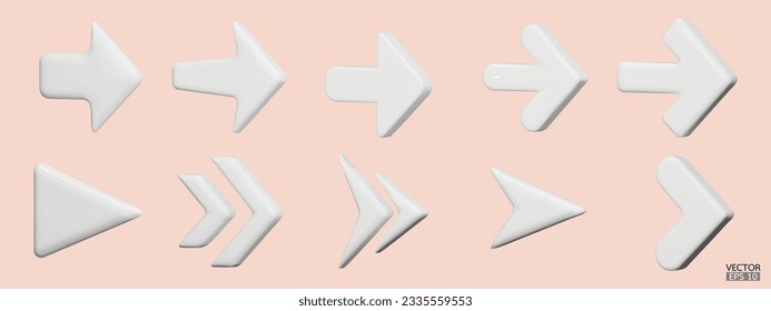 Set of white vector arrows. Shiny 3d glass Arrows icon. Arrows Cartoon minimal style collection. 3d vector illustration.