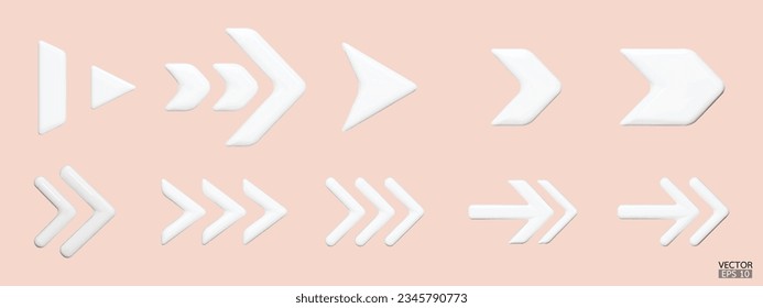 Set of white vector arrows. Shiny 3d glass Arrows icon. Arrows Cartoon minimal style collection. 3d vector illustration.