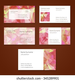Set of white vector business cards with red and green abstract triangles. 