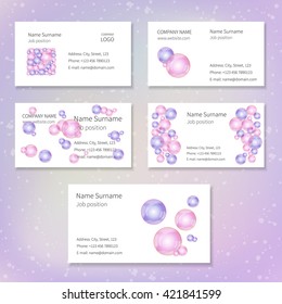 Set of white vector business cards with blue and violet bubbles and place for your text.