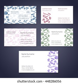 Set of white vector business cards with different hand-drawn vegetables.