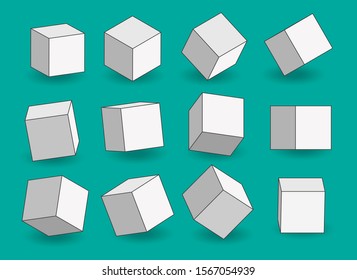 Set of white vector cartoon 3d cubes. Cube outline icons in a perspective. Geometric blocks with shadow. Vector illustration isolated on green background.	