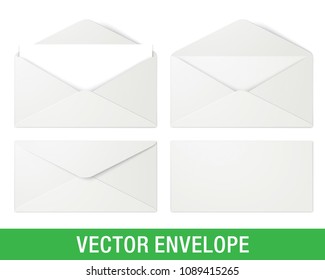 Set of white vector envelopes in different views, isolated on a white background. Realistic vector envelope mockups.