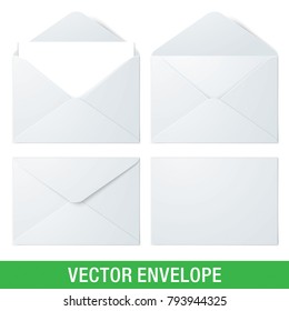 Set of white vector envelopes, in different views. Realistic vector envelope mockups.