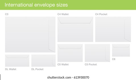 Set Of White Vector Envelopes, With International Standard Sizes, Isolated On Background.