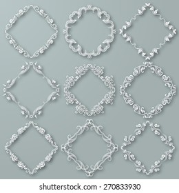 Set of white vector floral frames with shadows on the gray background for design of invitation, greeting, gift card. Page decoration in vintage style. Vector illustration EPS 10.