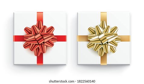 Set of white vector gift boxes with red and golden ribbons, isolated on a white background. Classical style realistic gift box, for Christmas, New Year or Birthday greeting card design.