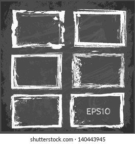 Set of white vector grunge frames on black chalkboard. Vector illustration.