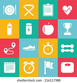 Set of white vector icons colored foursquare for sport, dieting, weight loss, fitness, healthy lifestyle 