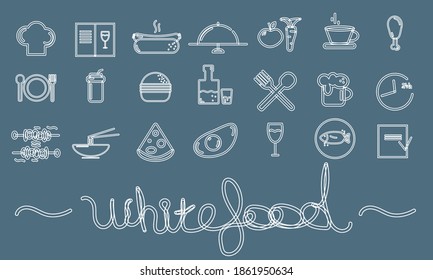 Set of white vector icons isolated on a dark background on the theme of restaurant, food drinks and fast food