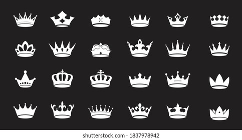 Set of white vector king crowns icon on black background. Vector Illustration. Emblem, icon and Royal symbols.