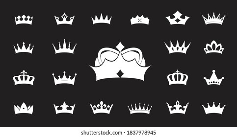 Set of white vector king crowns icon on black background. Vector Illustration. Emblem, icon and Royal symbols.