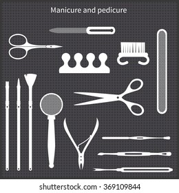 Set of white vector manicure and pedicure icons on dark background