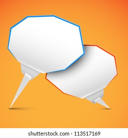 Set of white vector origami paper Comic Clouds and bubbles on yellow background