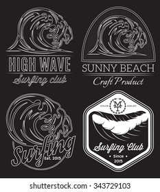 Set of white vector pattern on black background on the subject surfing, ocean, rescue on water