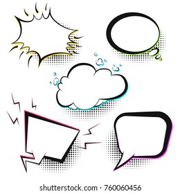 Set of white vector retro comic speech bubbles with color shadow on halftone background in pop art style. Black outline blank balloons for comics book or advertising superhero text, web design