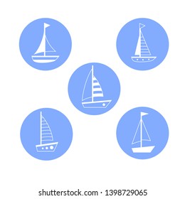 Set of white vector ships in blue circles. Cute child transport. Sea travelling.