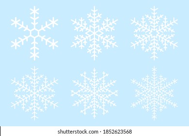 Set of white vector snowflake on blue background. Simple flat snowflake icons. Vector illustration for Christmas and New Year