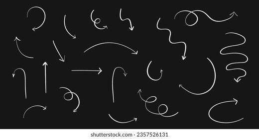 Set of white vector symbols, arrows, pointers, direction, guides from different angles in hand drawn style